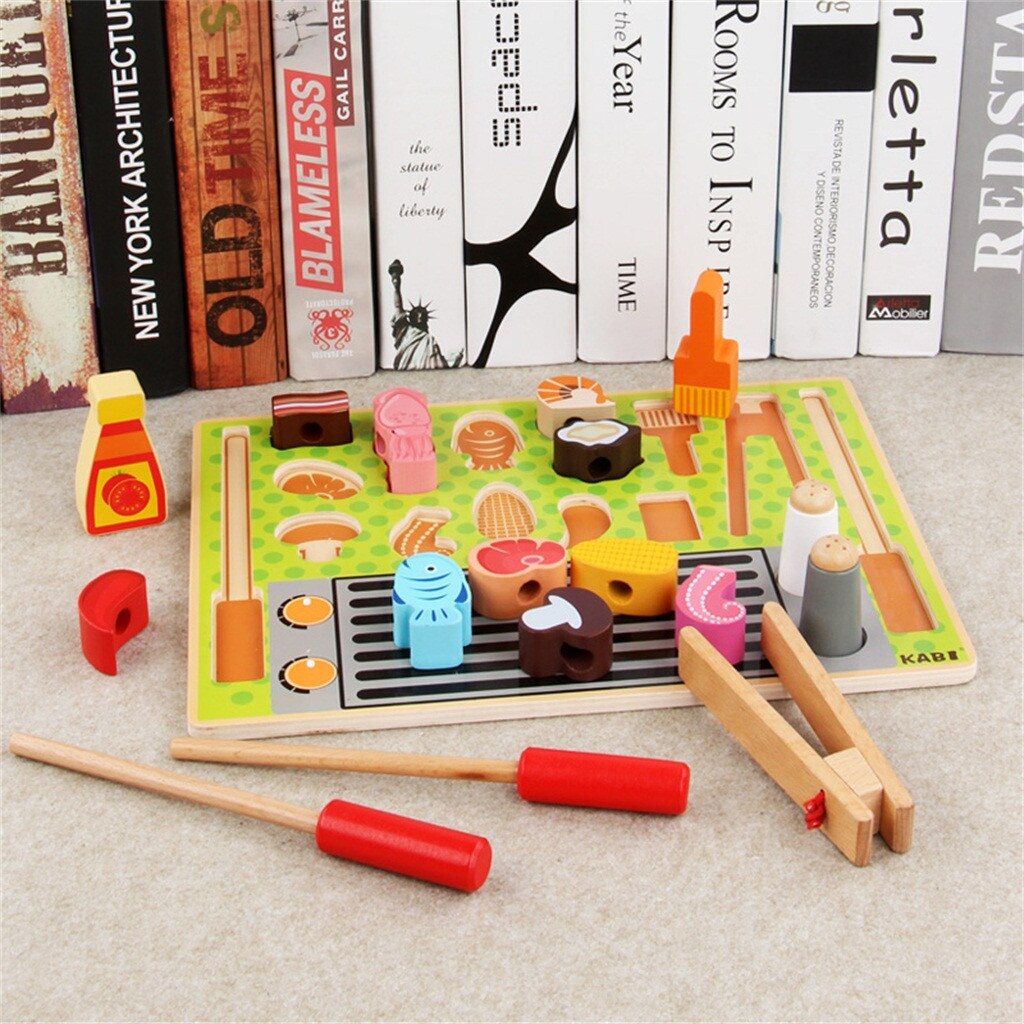 New Kids Wooden Barbecue Set Pretend Play Cooking Playset Toddler Wood Food Toys Kids Toys Pretend Playset Educational Toys Gift