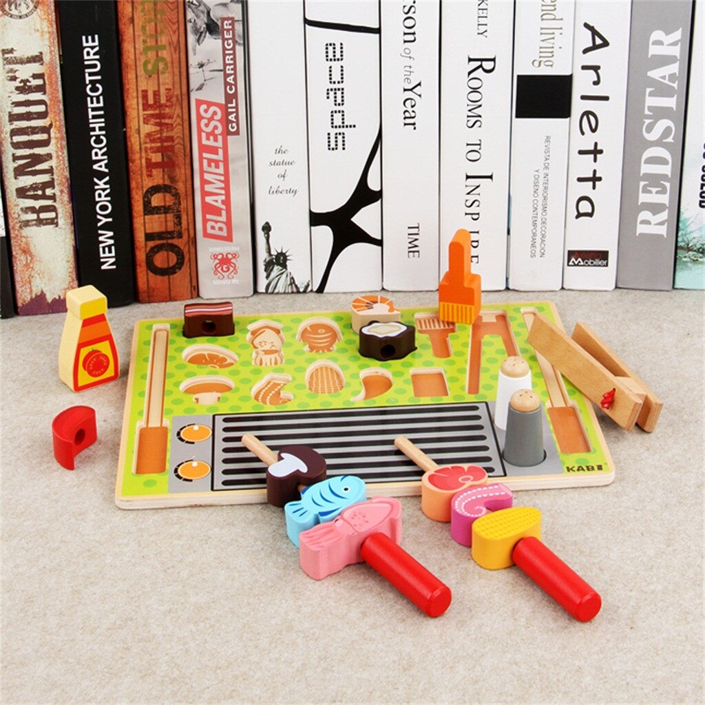 New Kids Wooden Barbecue Set Pretend Play Cooking Playset Toddler Wood Food Toys Kids Toys Pretend Playset Educational Toys Gift