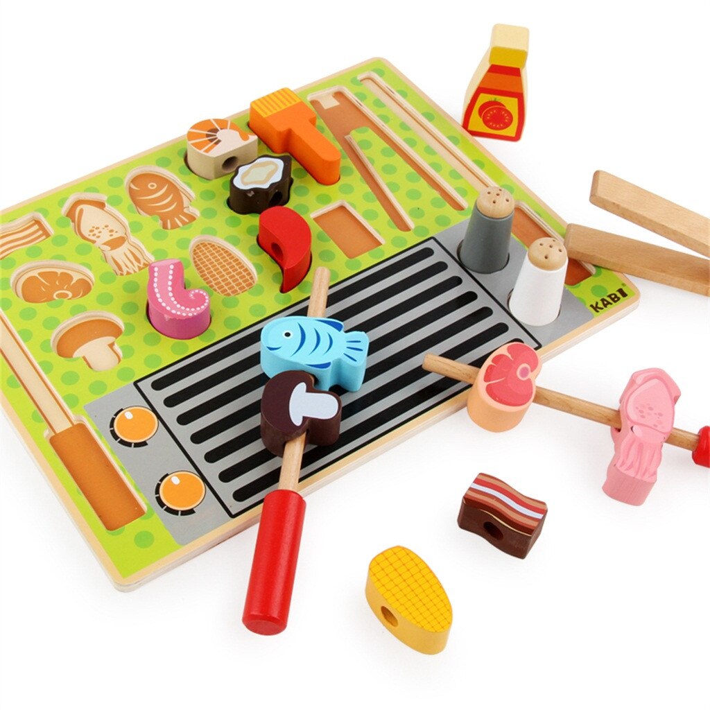 New Kids Wooden Barbecue Set Pretend Play Cooking Playset Toddler Wood Food Toys Kids Toys Pretend Playset Educational Toys Gift