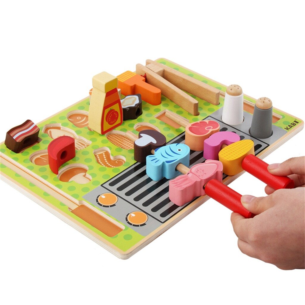 New Kids Wooden Barbecue Set Pretend Play Cooking Playset Toddler Wood Food Toys Kids Toys Pretend Playset Educational Toys Gift