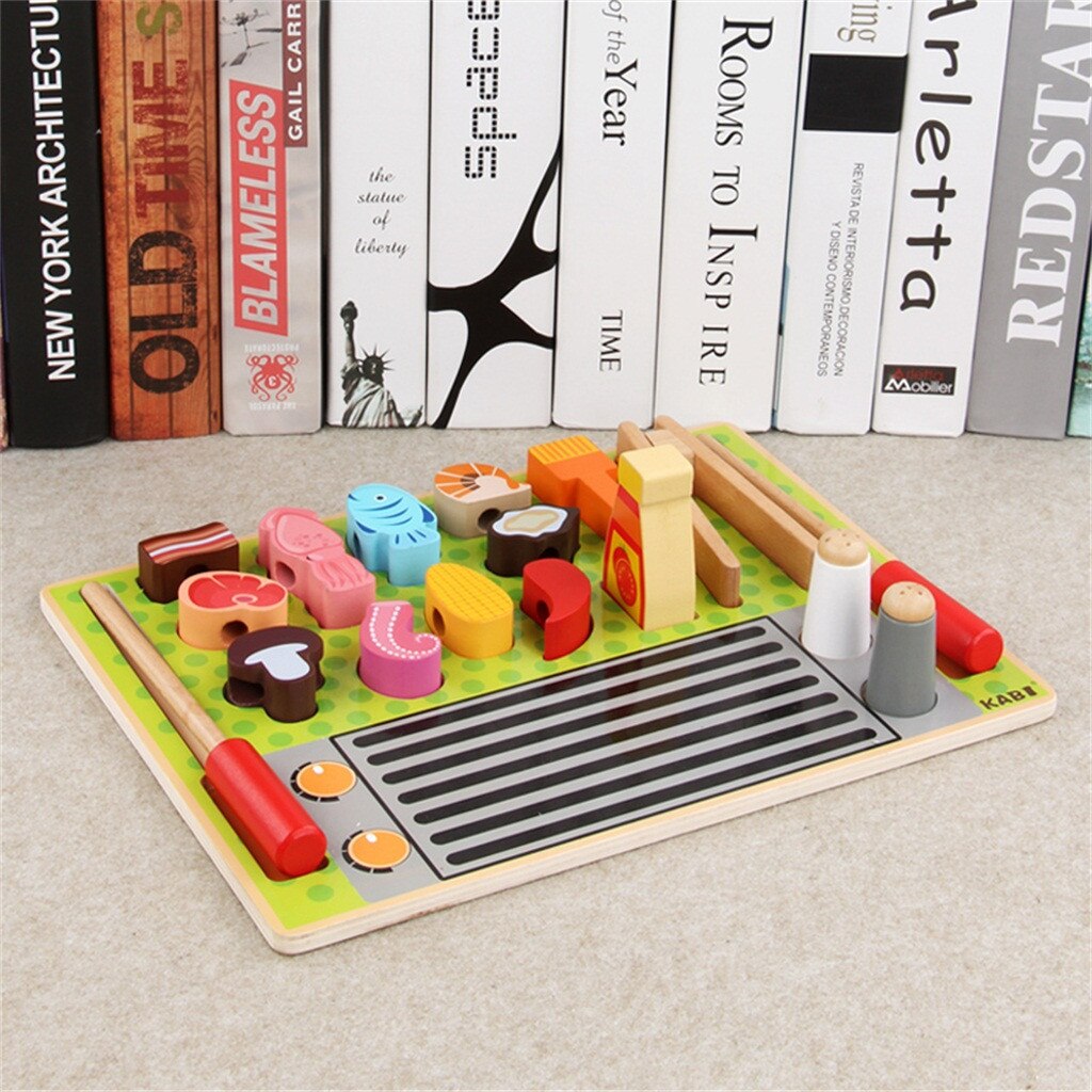 New Kids Wooden Barbecue Set Pretend Play Cooking Playset Toddler Wood Food Toys Kids Toys Pretend Playset Educational Toys Gift