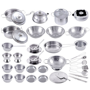 Stainless Steel Play Pots Pans Set for Toddler Interesting Pretend Cooking Toys Kitchenware Play House Toys Kids Interactive Toy