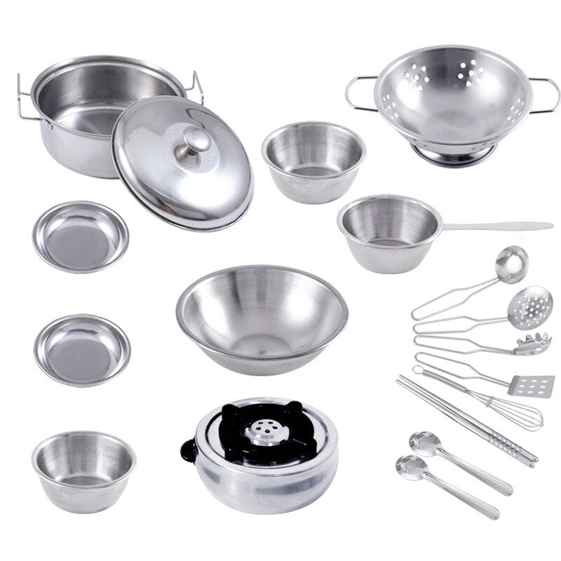 Stainless Steel Play Pots Pans Set for Toddler Interesting Pretend Cooking Toys Kitchenware Play House Toys Kids Interactive Toy