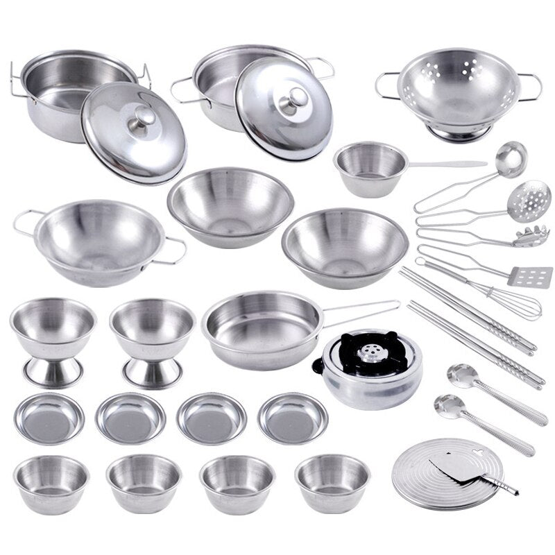 Stainless Steel Play Pots Pans Set for Toddler Interesting Pretend Cooking Toys Kitchenware Play House Toys Kids Interactive Toy