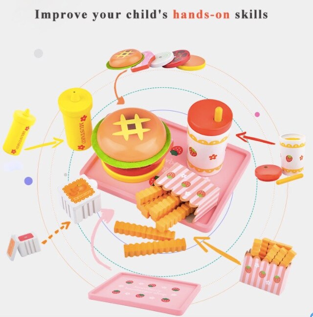 Wooden kitchen pretend play role play toy  utensil Simulation Burger Hot Dog Toys Girl Boy child toddler gift chirstmas new year