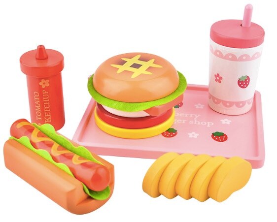 Wooden kitchen pretend play role play toy  utensil Simulation Burger Hot Dog Toys Girl Boy child toddler gift chirstmas new year