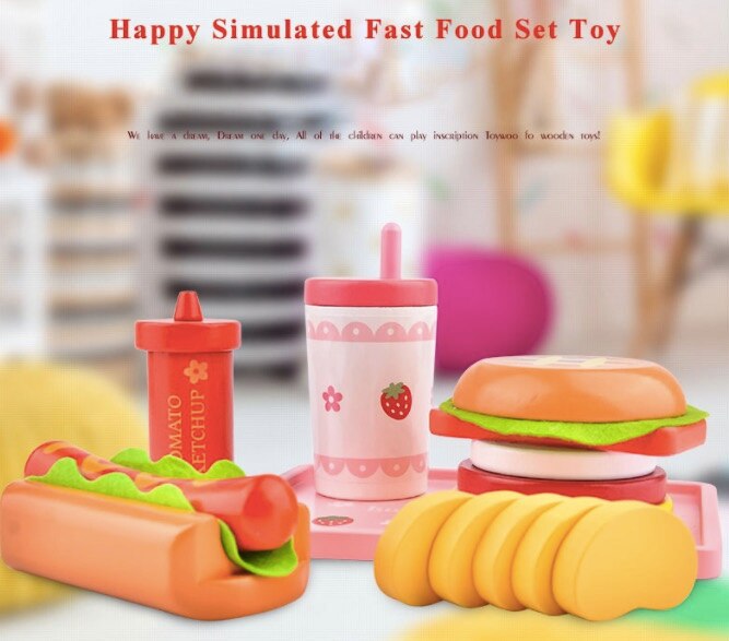 Wooden kitchen pretend play role play toy  utensil Simulation Burger Hot Dog Toys Girl Boy child toddler gift chirstmas new year